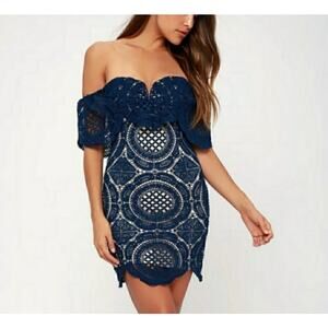 New Lulus bellisimo navy blue lace off shoulder bodycon dress size medium